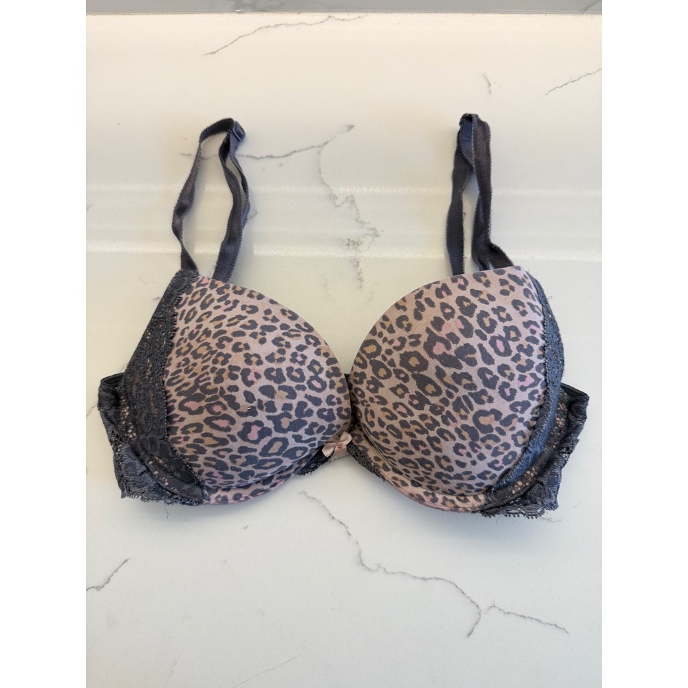 Victoria's Secret Dream Angels Push-Up Bra Womens 32C Gray Leopard Print Lace